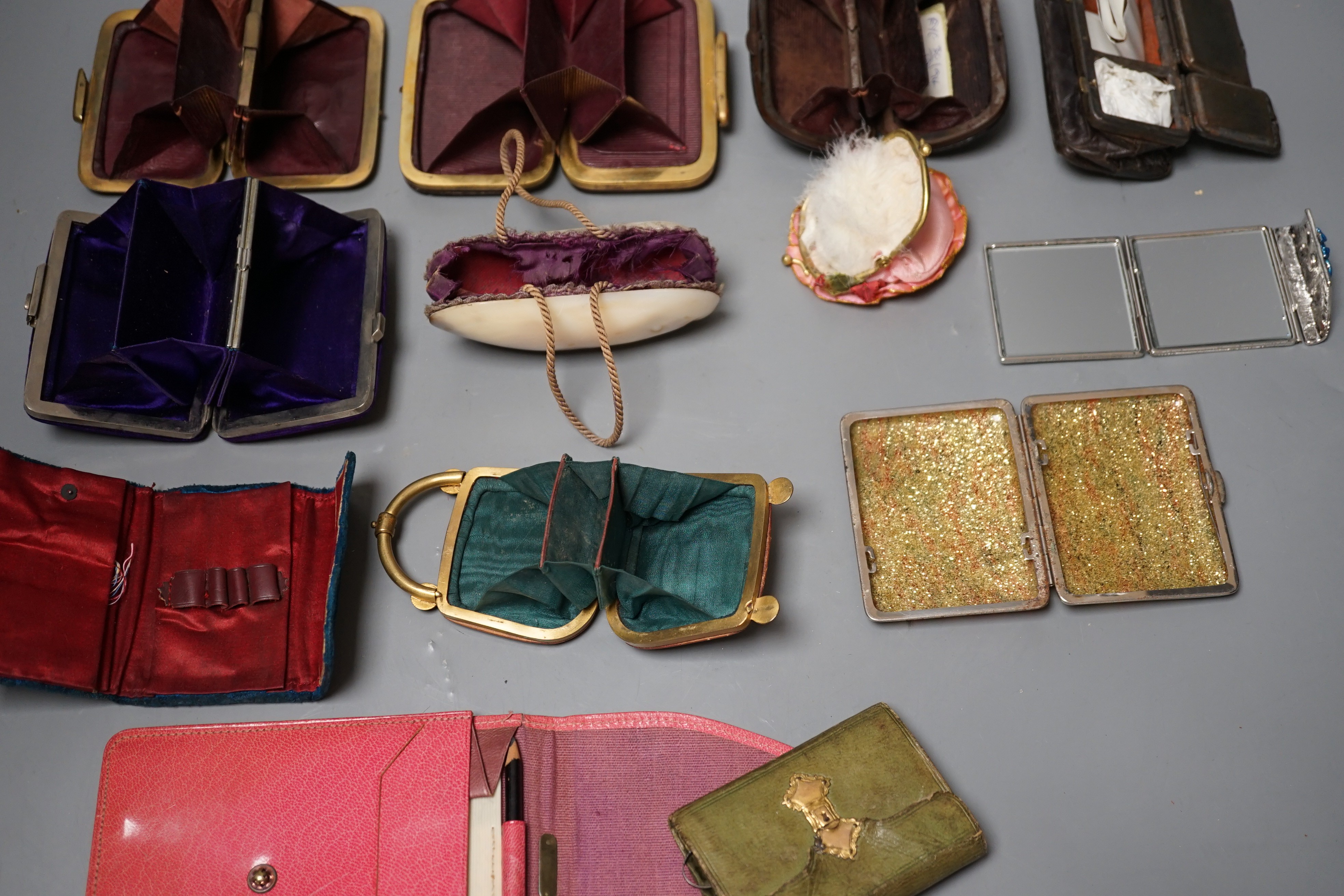 A collection of thirteen 19th century and 20th century ladies purses, one Morocco leather, five other leather purses, a shell purse, velvet embroidered purse and five others